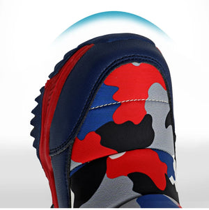 Close-up of a shoe with a camouflage pattern on a white background