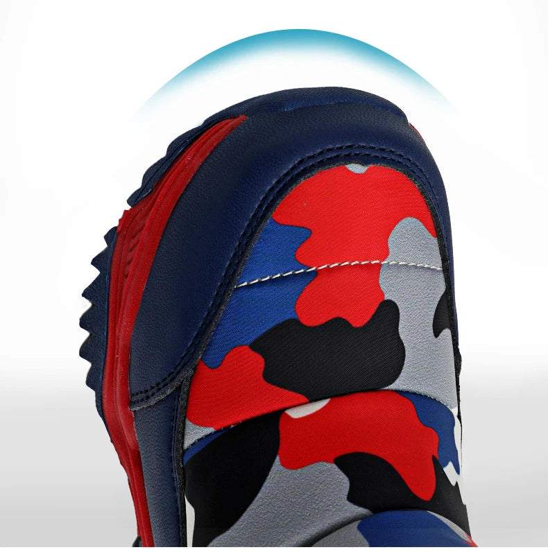 Close-up of a shoe with a camouflage pattern on a white background