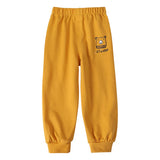 Yellow sweatpants with a logo on a white background