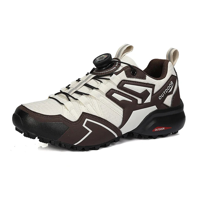 White and brown outdoor sneaker with visible brand logo on a white background
