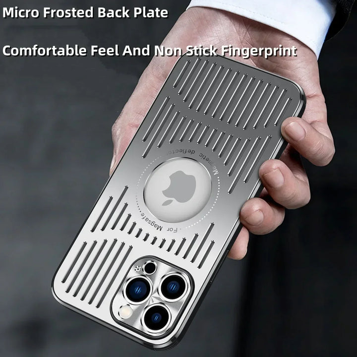 Fashion Metal Heat Dissipation Magnetic MagSafe Case for iPhone 16/15/14/13/12 Pro Max with Logo Hole & Wireless Charging