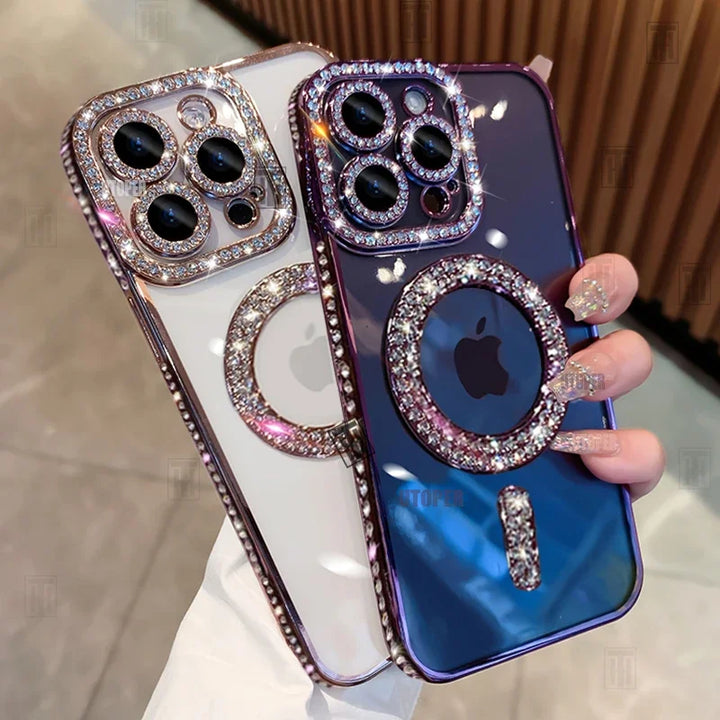 MagSafe Glitter Rhinestone Case for iPhone 16 15 14 13 12 11 Pro Max – Bling & Transparent Design with Wireless Charging
