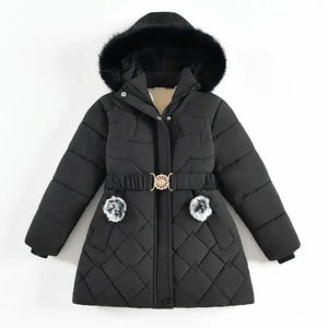 Black quilted jacket with fur-lined hood on a white background
