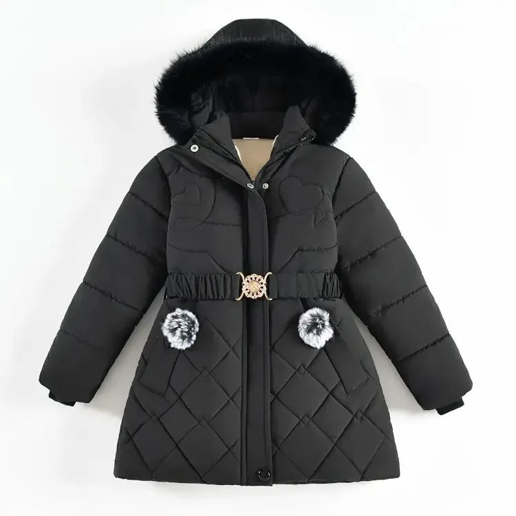 Black quilted jacket with fur-lined hood on a white background