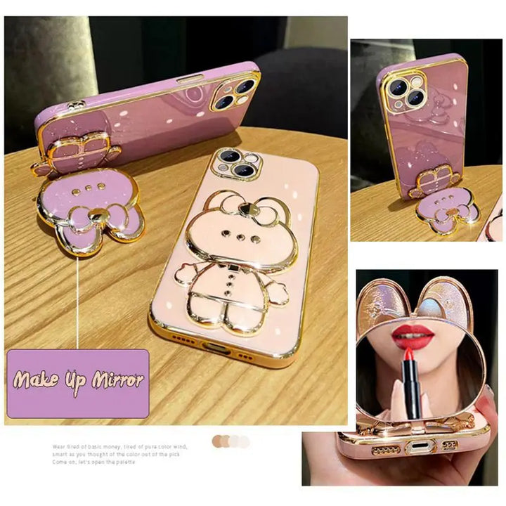 Diamond Strap Mirror Rabbit Holder Case for Samsung S24 S23 S22 Ultra Plus