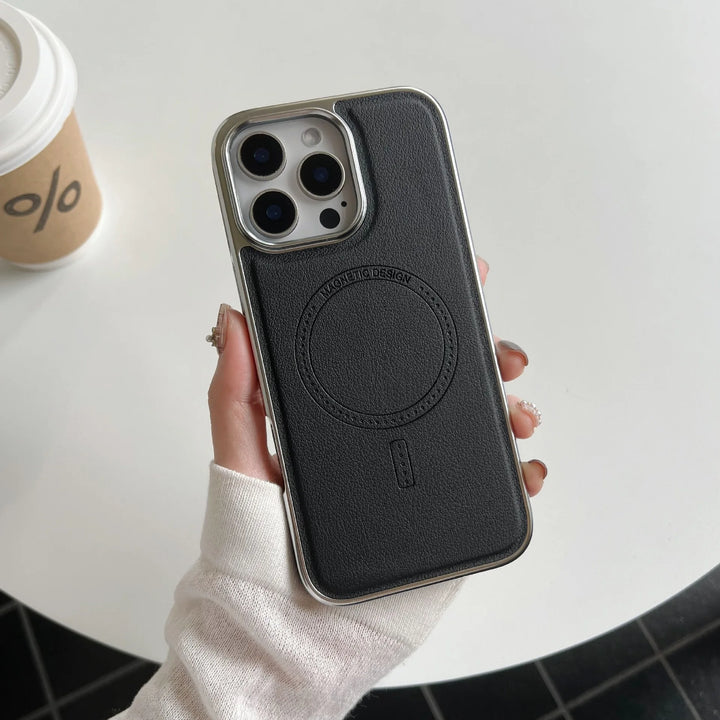 Luxury leather magnetic iPhone case with MagSafe compatibility, durable protection, fits iPhone 11, 12, 13, 14, 15, and 16 Pro Max.
