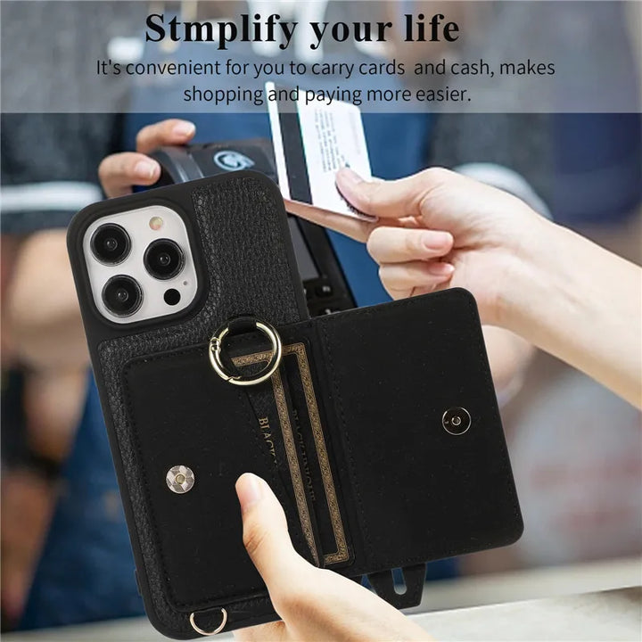 Luxury Leather Wallet Case with Lanyard, Ring Holder, and Flip Stand for iPhone 15/14/13/12/11