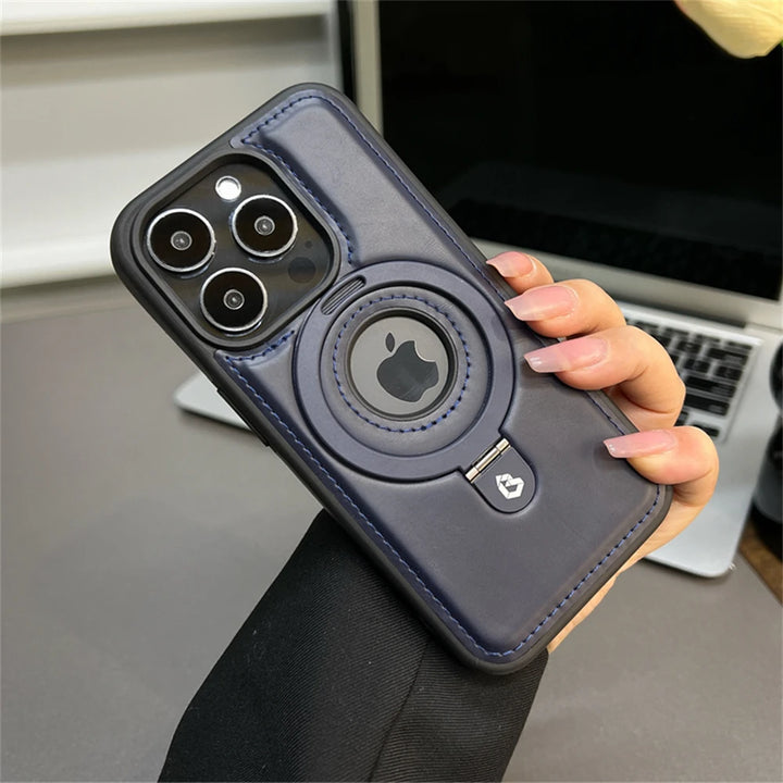 Luxury Magnetic Stand Ring PU Leather Case for iPhone 16/15/14 Plus, 13/12 Pro Max, Magsafe Compatible with Ring Holder and Shockproof Design