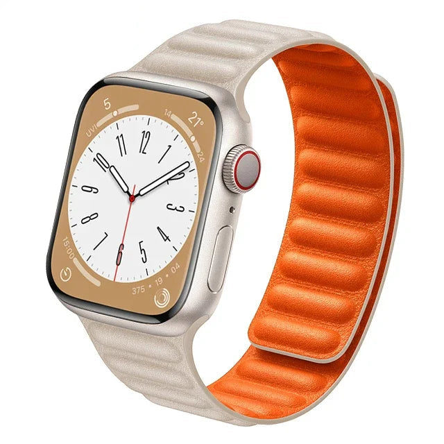 Stylish genuine leather Apple Watch band with magnetic loop closure, available in multiple colors.