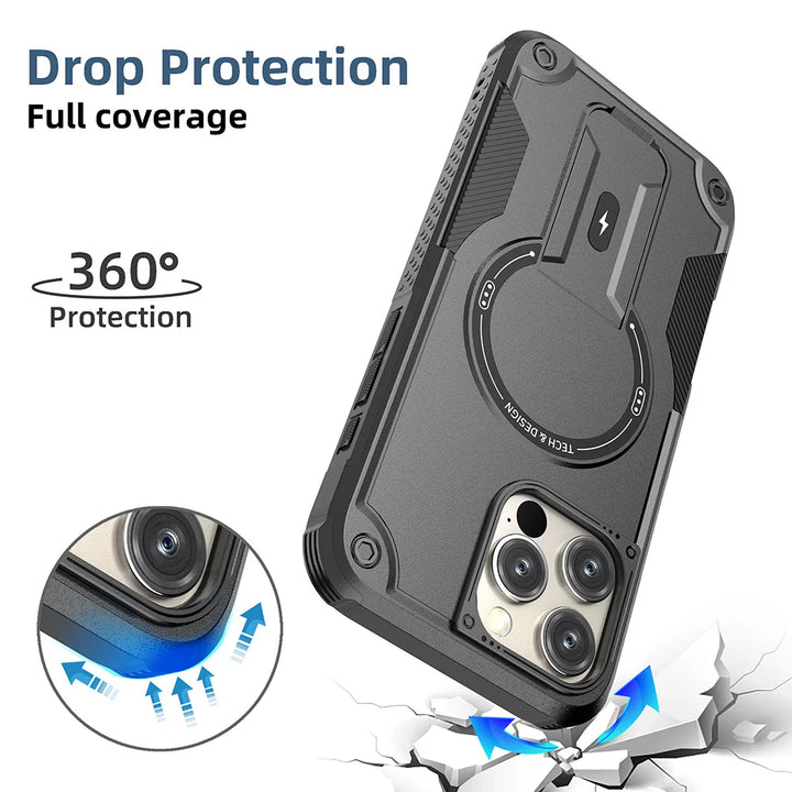 Military Shockproof Magnetic Case with Kickstand for iPhone 11–16 – Rugged Armor with Foldable Holder – Black, Green, Gold, Pink