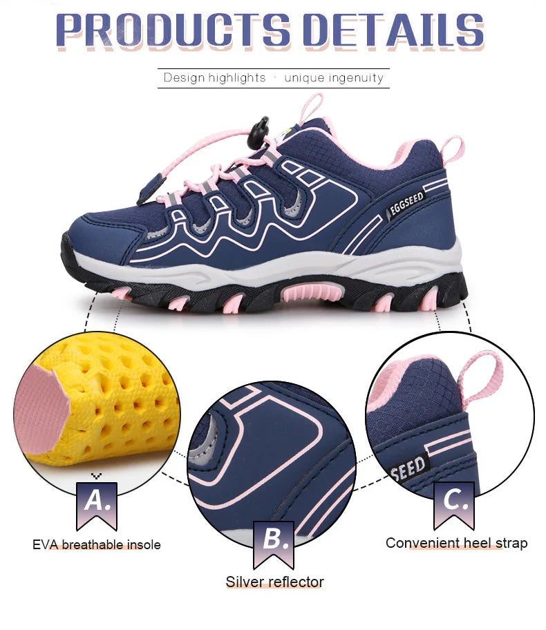 Navy blue sneaker with pink accents and design features highlighted on a white background.