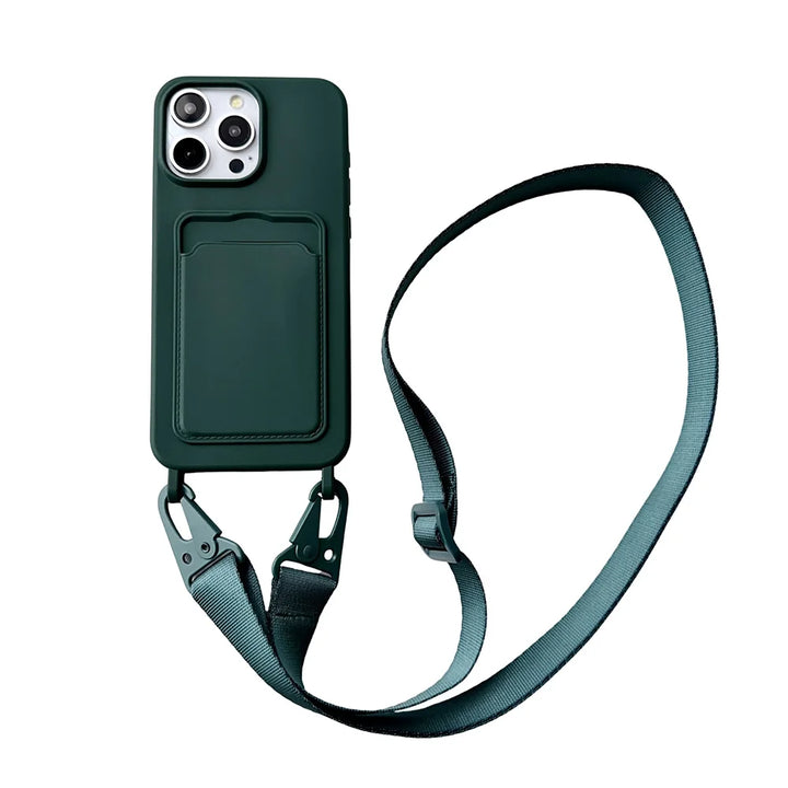 Crossbody Lanyard Necklace Rope Wallet Silicone Case For iPhone 16 15 Plus 14 13 12 11 Pro Max Slot Card Holder Plain Back Cover