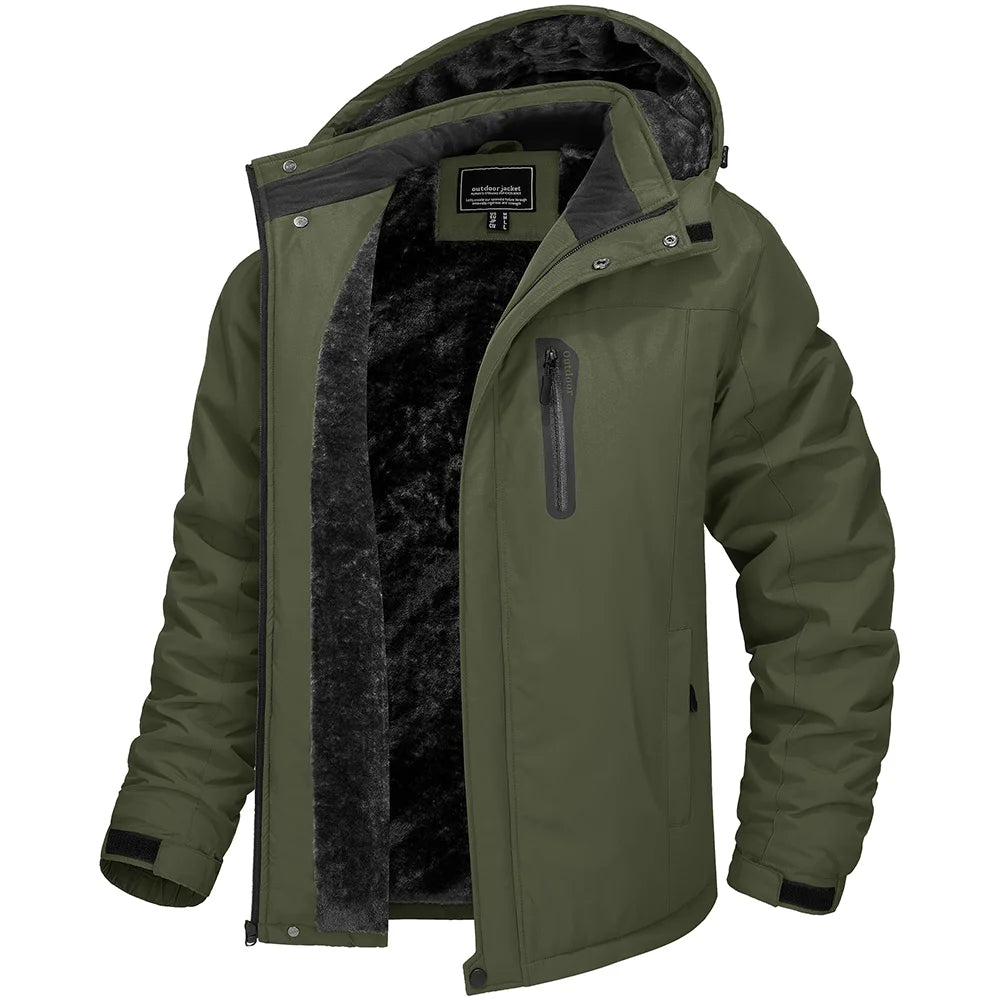 Green jacket with black interior lining on a white background