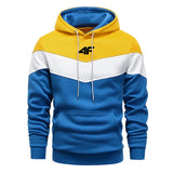 Color-blocked hoodie with blue, yellow, and white sections on a white background