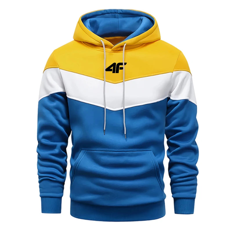 Color-blocked hoodie with blue, yellow, and white sections on a white background
