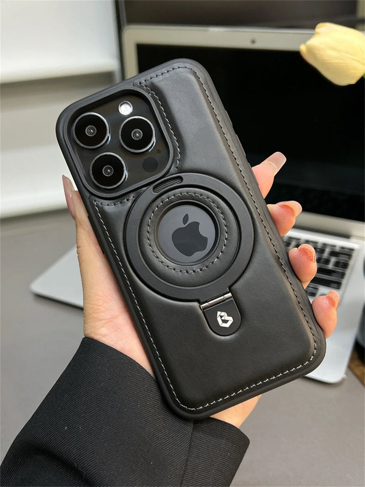 Luxury Magnetic Stand Ring PU Leather Case for iPhone 16/15/14 Plus, 13/12 Pro Max, Magsafe Compatible with Ring Holder and Shockproof Design