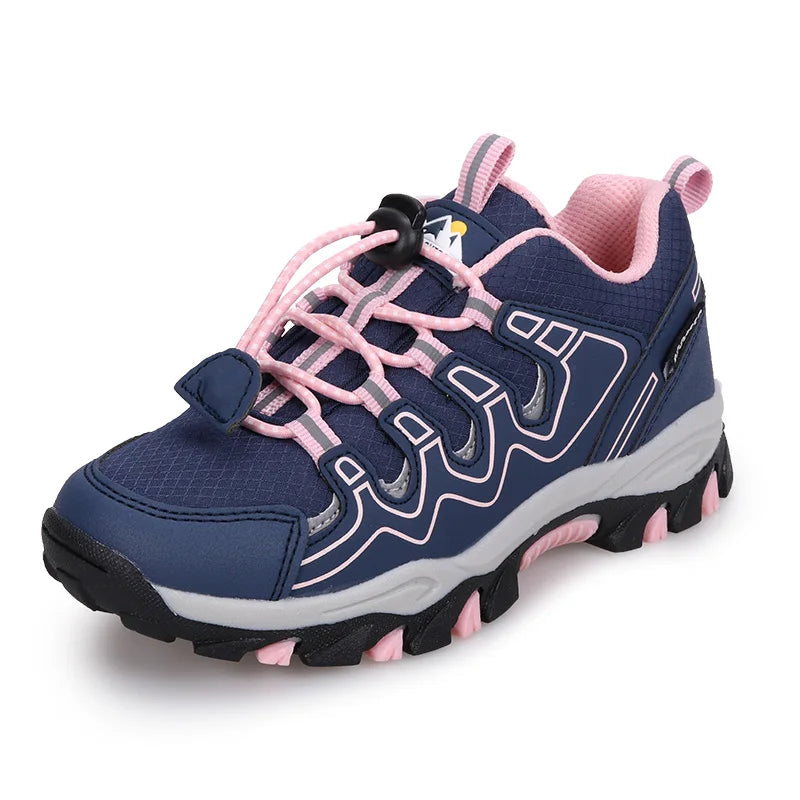 Navy and pink sneaker with pink laces on a white background