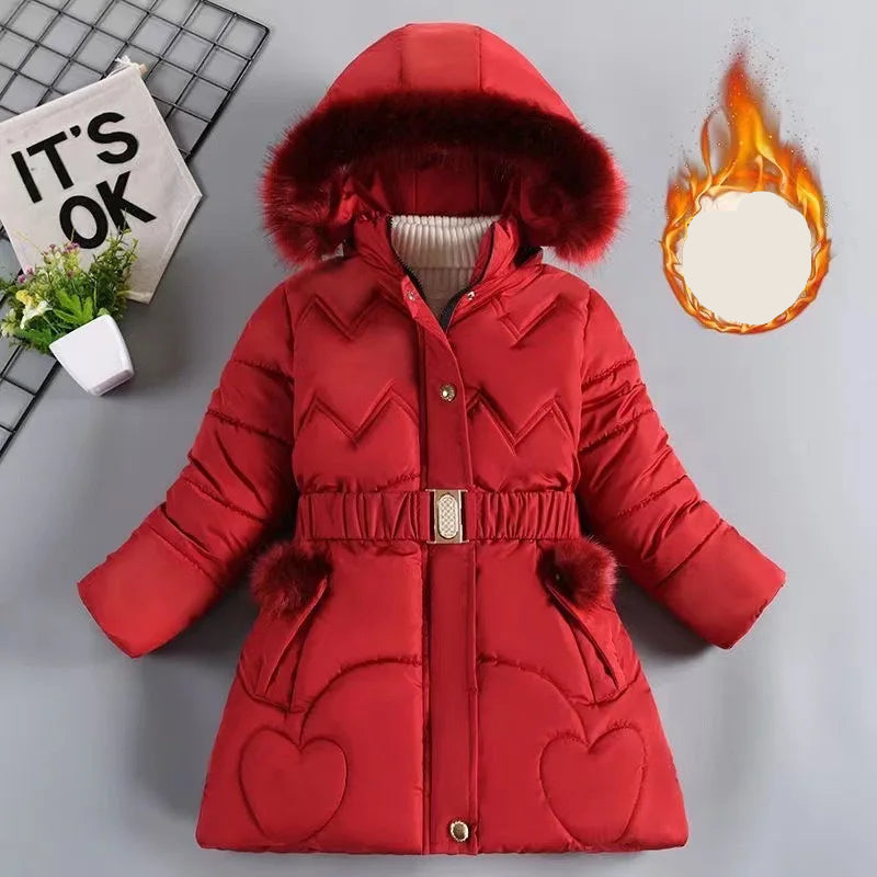 Red winter coat with fur trim on a gray background