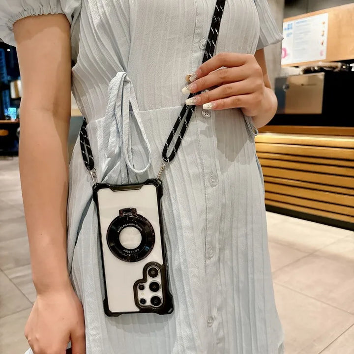 Magnetic Lanyard Strap Case with Stand for Samsung Galaxy S20-S24 Ultra, Transparent Crossbody Design