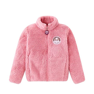 Pink fleece jacket with a logo on a white background