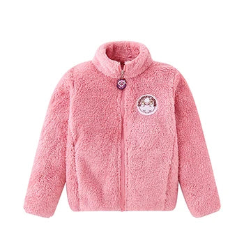 Pink fleece jacket with a logo on a white background