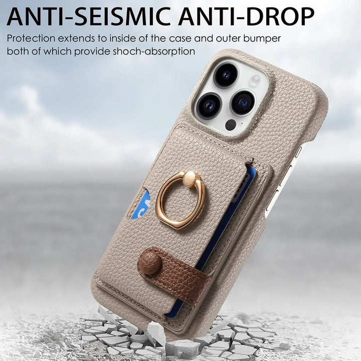Luxury Leather Ring Wallet Case for iPhone 11/12/13/14/15/16 Pro Max with Ring Holder and Shockproof Design
