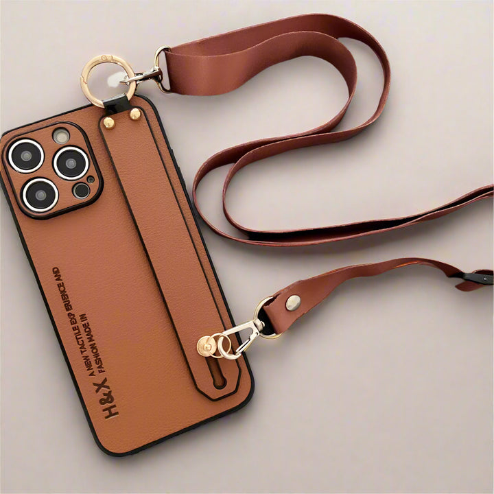Luxury Litchi Leather Wrist Strap Crossbody Phone Case for iPhone 15 14 Pro Max in Retro Vintage Design
