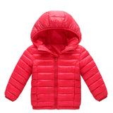 Red puffer jacket with a hood on a white background