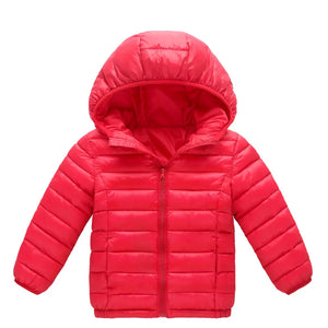 Red puffer jacket with a hood on a white background