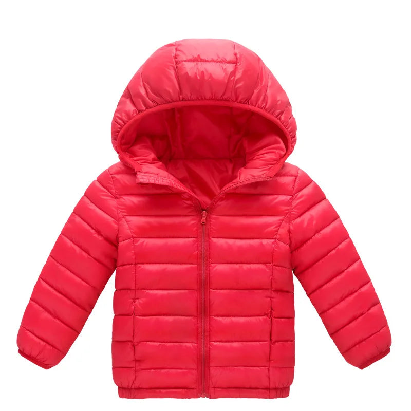 Red puffer jacket with a hood on a white background