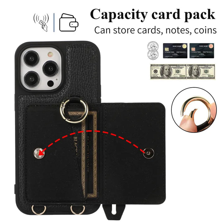 Luxury Leather Wallet Case with Lanyard, Ring Holder, and Flip Stand for iPhone 15/14/13/12/11