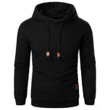 Black textured hoodie with brown drawstrings on a white background