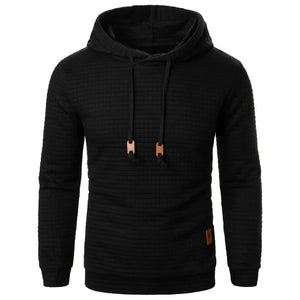 Black textured hoodie with brown drawstrings on a white background