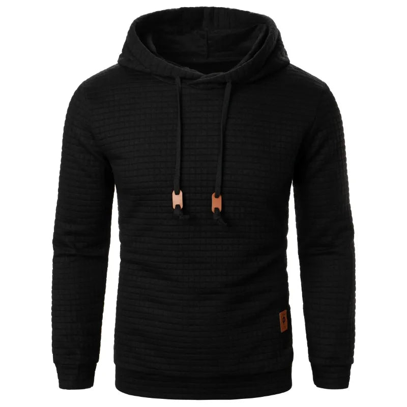 Black textured hoodie with brown drawstrings on a white background