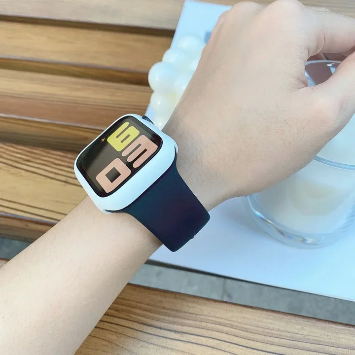 Silicone sport band for Apple Watch, compatible with Series 9/8/7/6/5/SE/Ultra, shown in vibrant colors.