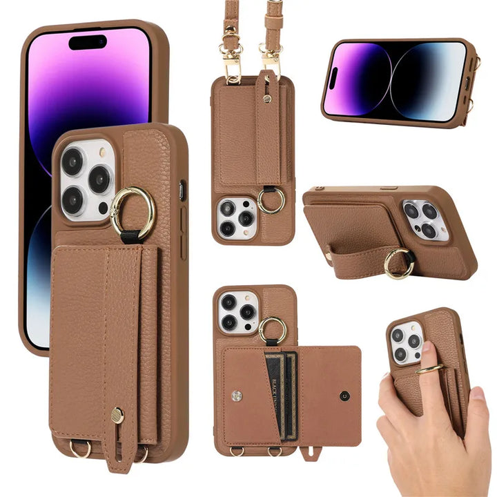 Luxury Leather Wallet Case with Lanyard, Ring Holder, and Flip Stand for iPhone 15/14/13/12/11