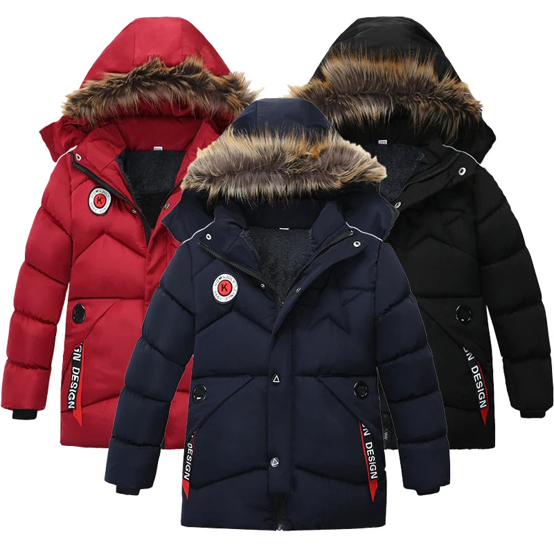 Three winter jackets in red, navy, and black with fur-lined hoods on a white background.