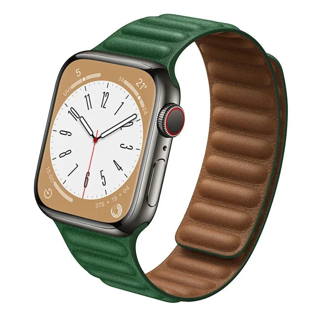 Stylish genuine leather Apple Watch band with magnetic loop closure, available in multiple colors.