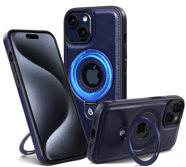 Luxury leather magnetic ring stand iPhone case with full protection, fits iPhone 12, 13, 14, 15, and 16 Pro Max Plus.