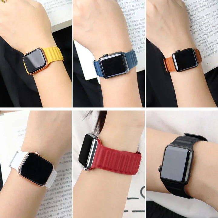 Stylish genuine leather Apple Watch band with magnetic loop closure, available in multiple colors.