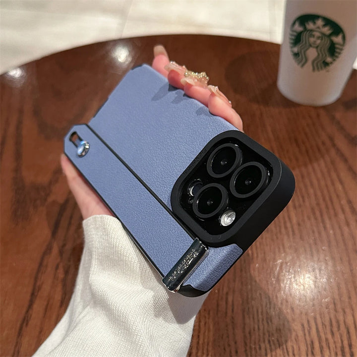 Luxury leather wrist strap stand iPhone case with full protection, fits iPhone 11, 12, 13, 14, 15, and 16 Pro Max & Plus.