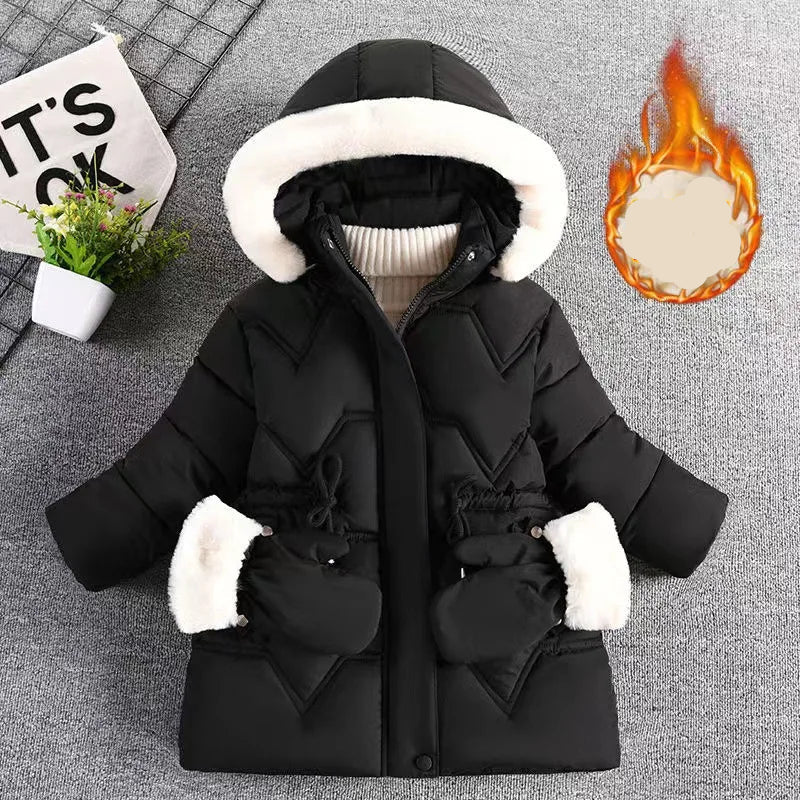 Black winter coat with white fur trim on a gray background