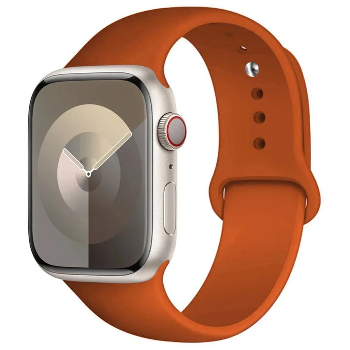 Silicone sport band for Apple Watch, compatible with Series 9/8/7/6/5/SE/Ultra, shown in vibrant colors.