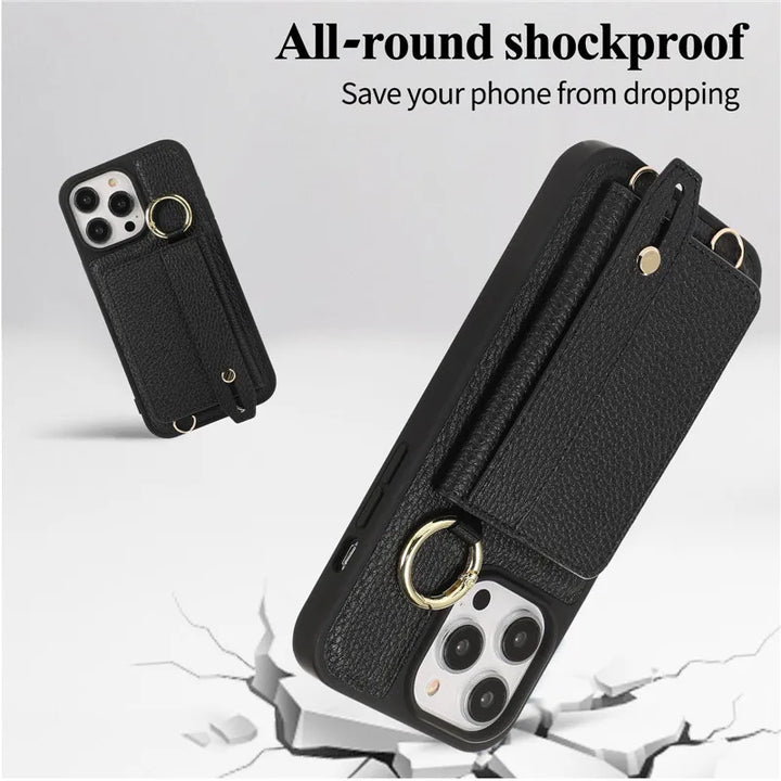 Luxury Leather Wallet Case with Lanyard, Ring Holder, and Flip Stand for iPhone 15/14/13/12/11