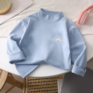 Light blue sweatshirt with a logo on a white surface