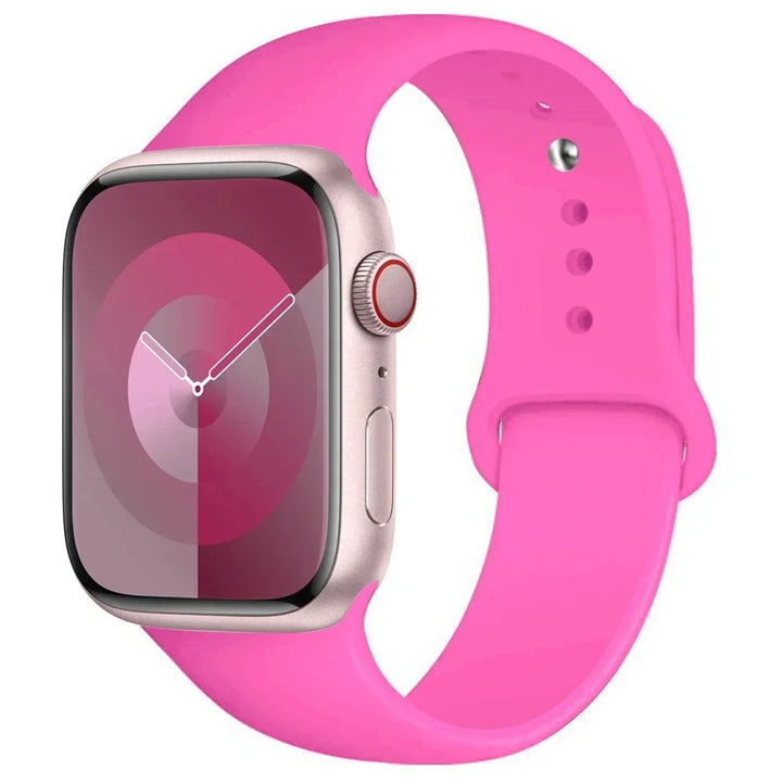 Silicone sport band for Apple Watch, compatible with Series 9/8/7/6/5/SE/Ultra, shown in vibrant colors.