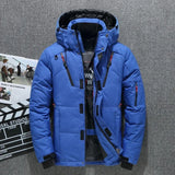 Blue winter jacket with black accents on a gray background