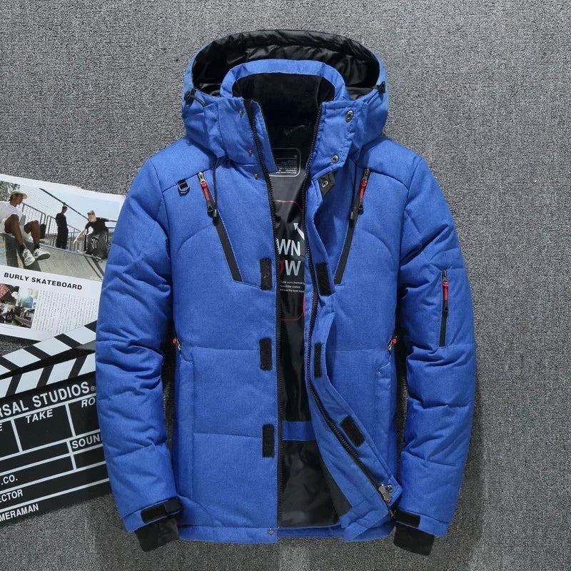 Blue winter jacket with black accents on a gray background