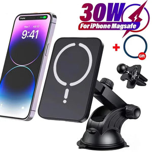 Wireless charger with phone, car mount, and gift on a white background