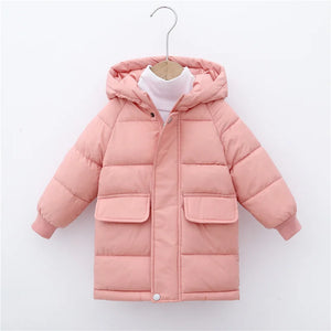 Pink children's puffer jacket on a hanger against a white background